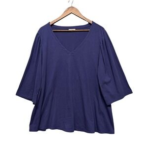 J. Jill Blouse Women 2X Purple Casual V-Neck 3/4 Bell Sleeve 100% Cotton Top